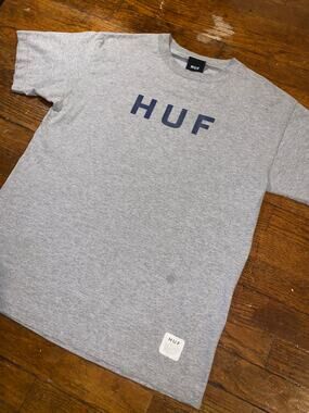 HUF OG Logo T Shirt Medium Grey Navy Skate Made USA Streetwear